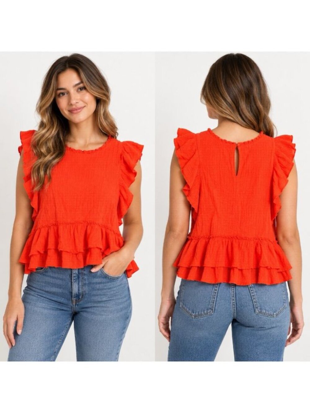 Maeve Anthropologie Red Orange Flutter Sleeve Peplum Top Cotton Gauze Ruffle Med